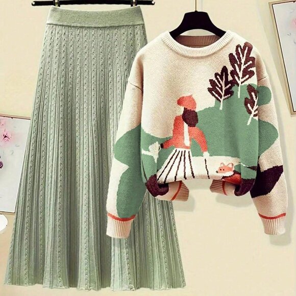 Khaki Casual Women's Cartoon Long Sleeve Knit Sweater - Picture 4 of 4